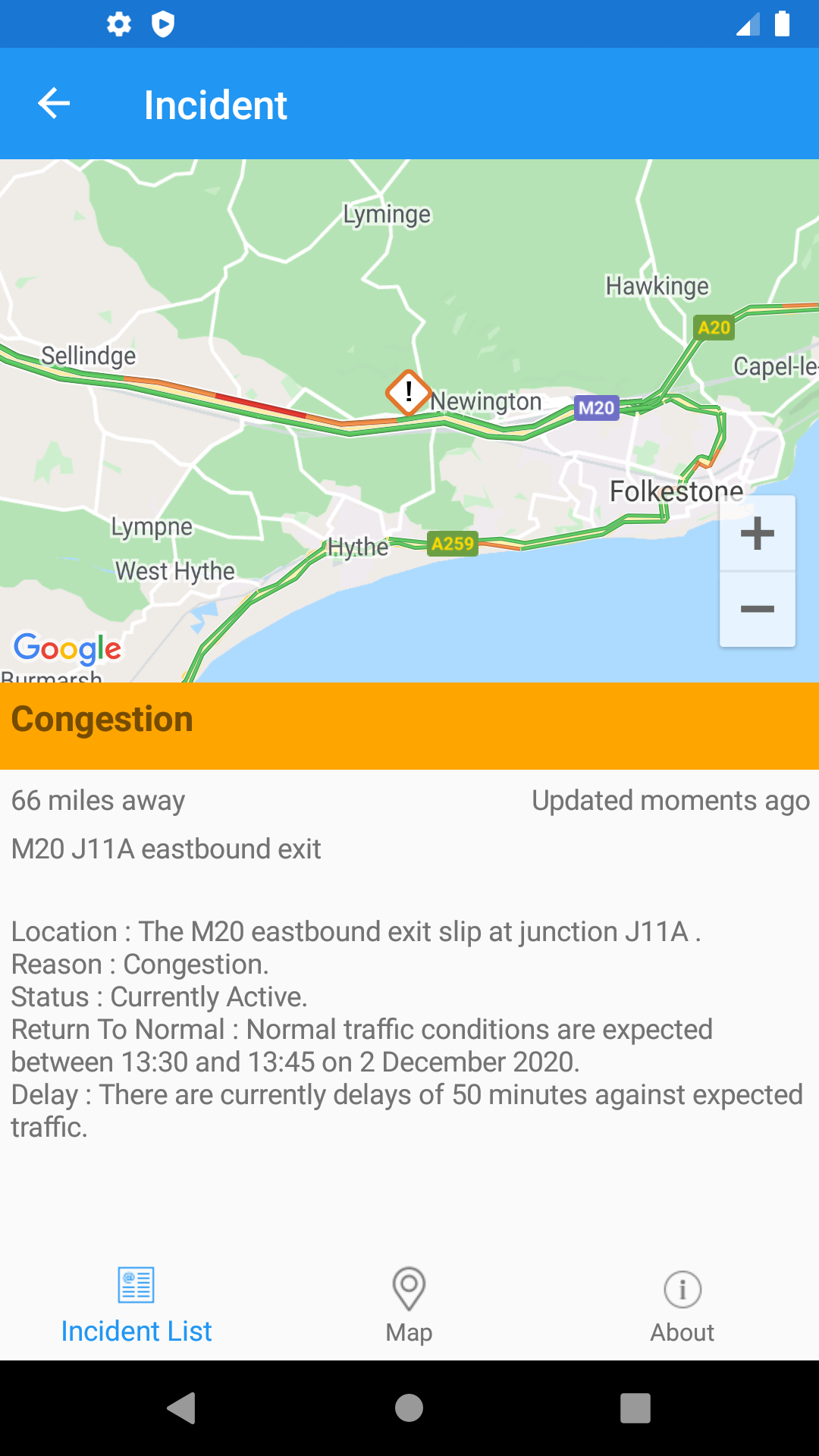 UK Roads Android Traffic App Map Detail Screen